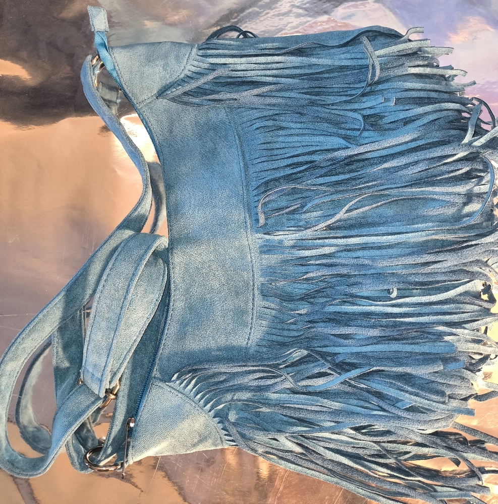 Leather Blue Fringe Shoulder Bag